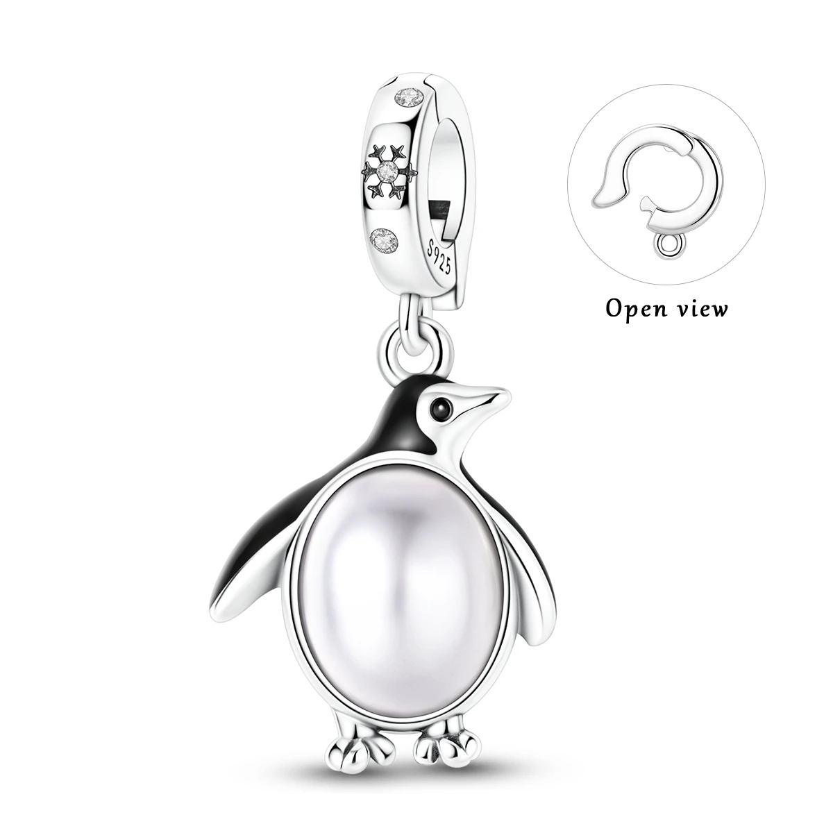 Penguin Dangle Charm 925 Sterling Silver White Pearl & Snowflake CZ Openable Clasp Design Fits Bracelet Jewelry Gift for Women