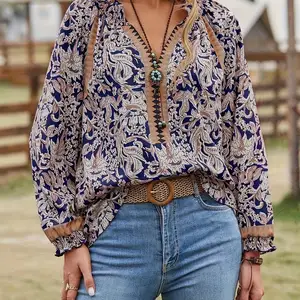 Langfraute weibliche Tunikabluse mit Frühlings- und Herbst -Bohemian -Druck 9 Hauptverkaufsblusen Volk - №1