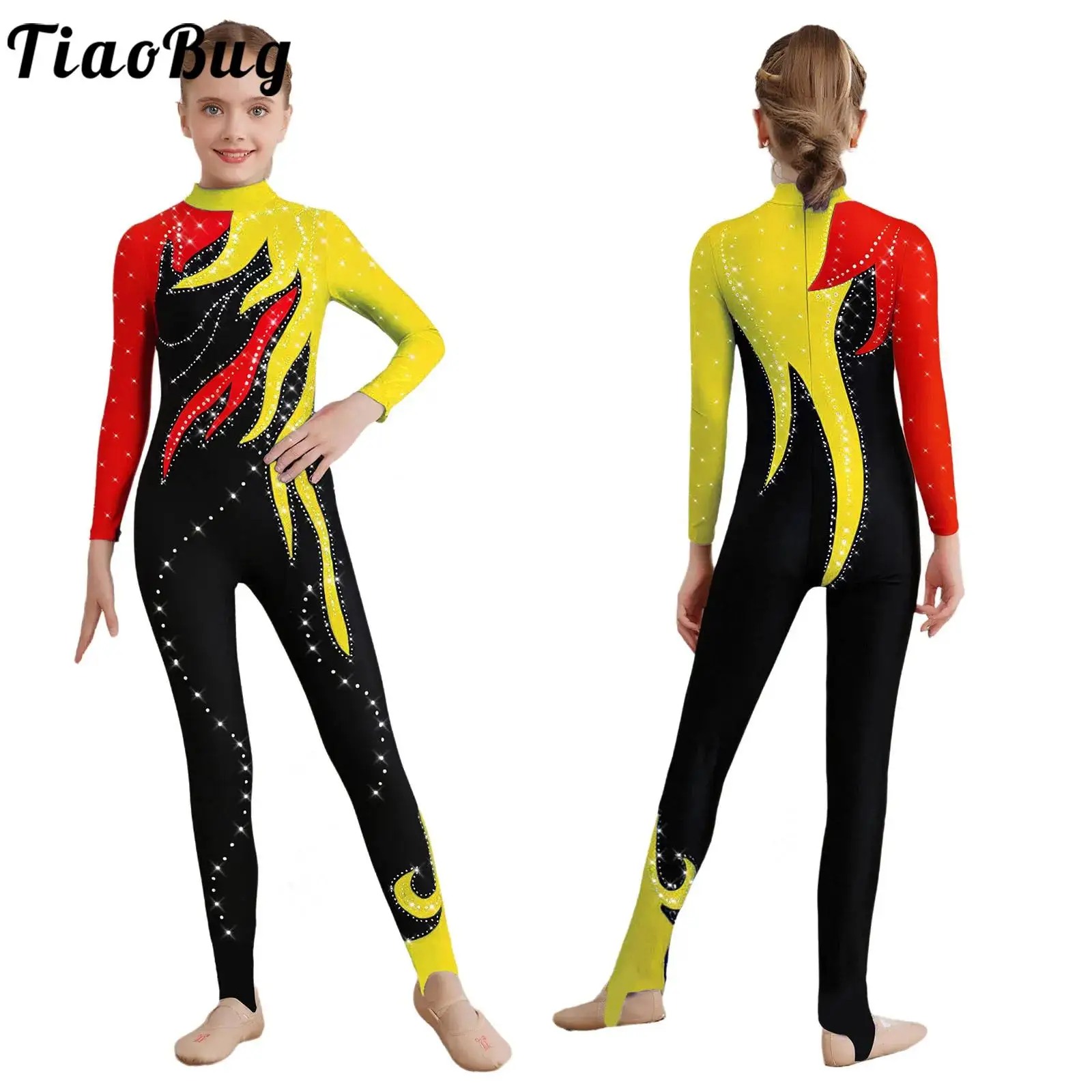 

Kids Girls Ballet Gymnastics Leotards Figure Skating Performance Costume Long Sleeves Rhinestones Color Block Workout Jumpsuit