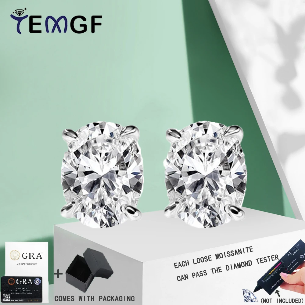 

Серьги-гвоздики TEMGF овальной огранки с муассанитом, сертифицированные GRA, стерлинговое серебро 925 пробы для женщин, классические роскошные серьги на годовщину свадьбы, помолвки