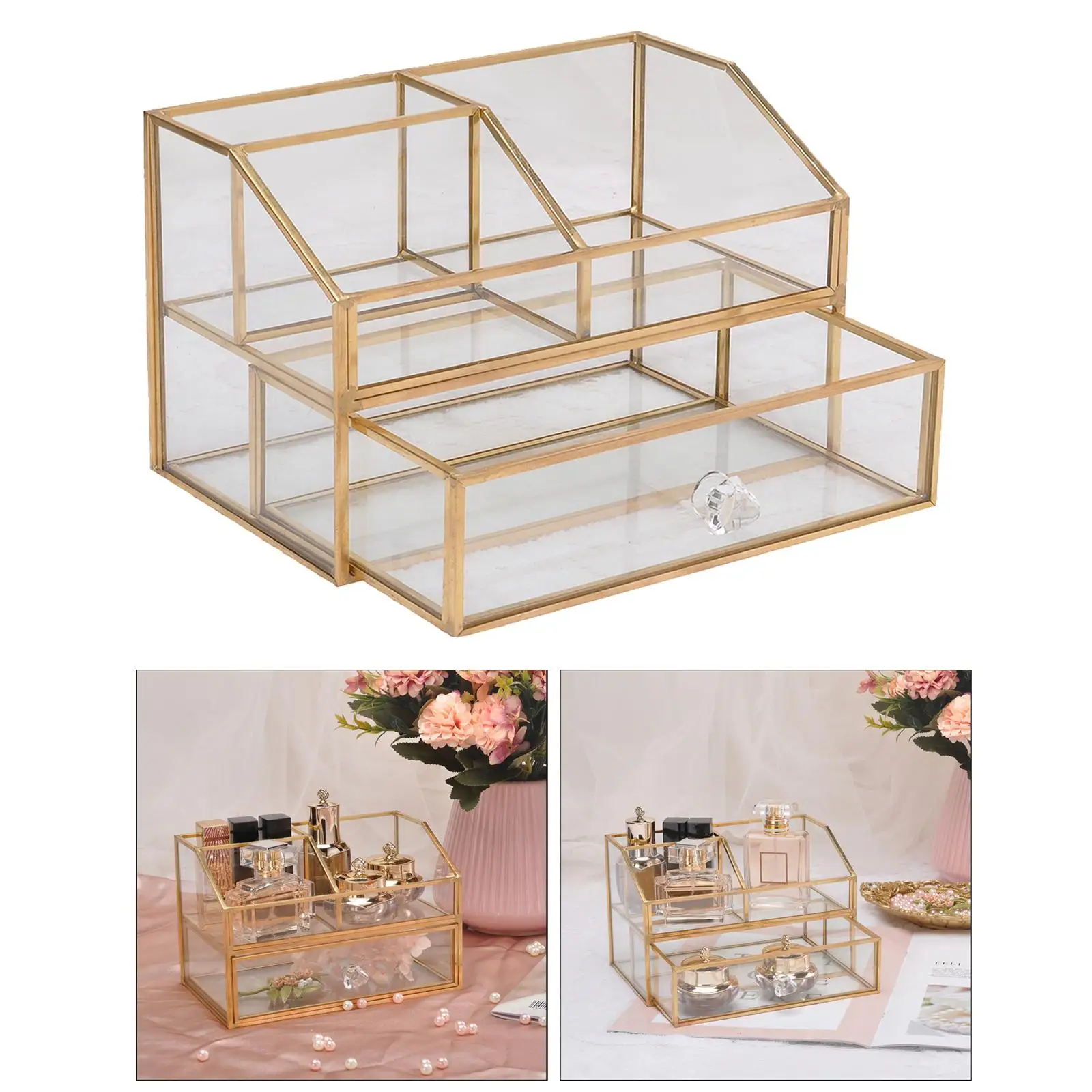 Luxury Glass Box Clear Glass Gold Tone Metal Jewelry Storage Case Cosmetic Makeup Lipstick Holder Organizer with Drawer