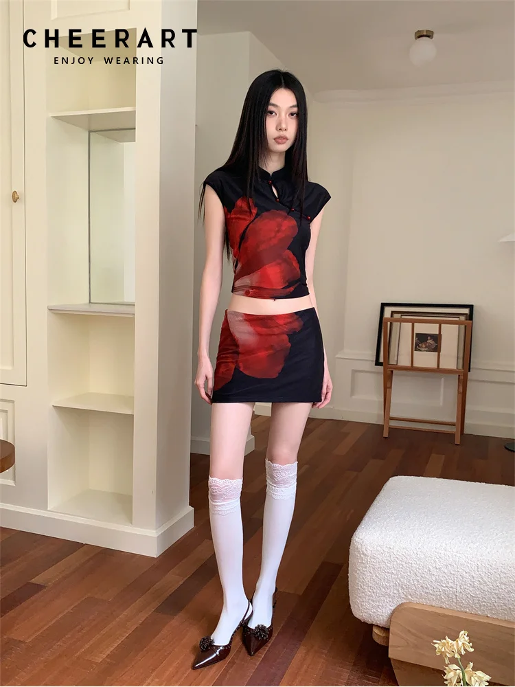 CHEERART Vintage Summer 2 Piece Sets Women Outfit Skirt And Top Cheongsam 2024 New In Matching Sets