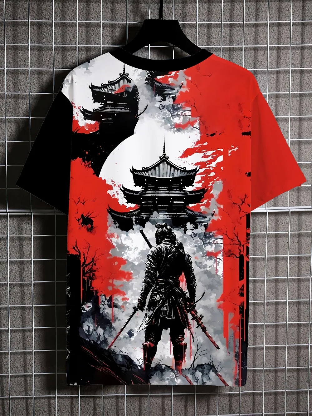 تي شيرت مطبوع رقمي ثلاثي الأبعاد معبد الساموراي الياباني جرافيك تي شيرت نابض بالحياة كاجوال برقبة مستديرة للمراهقين تي شيرت موضة ملابس الشارع #2