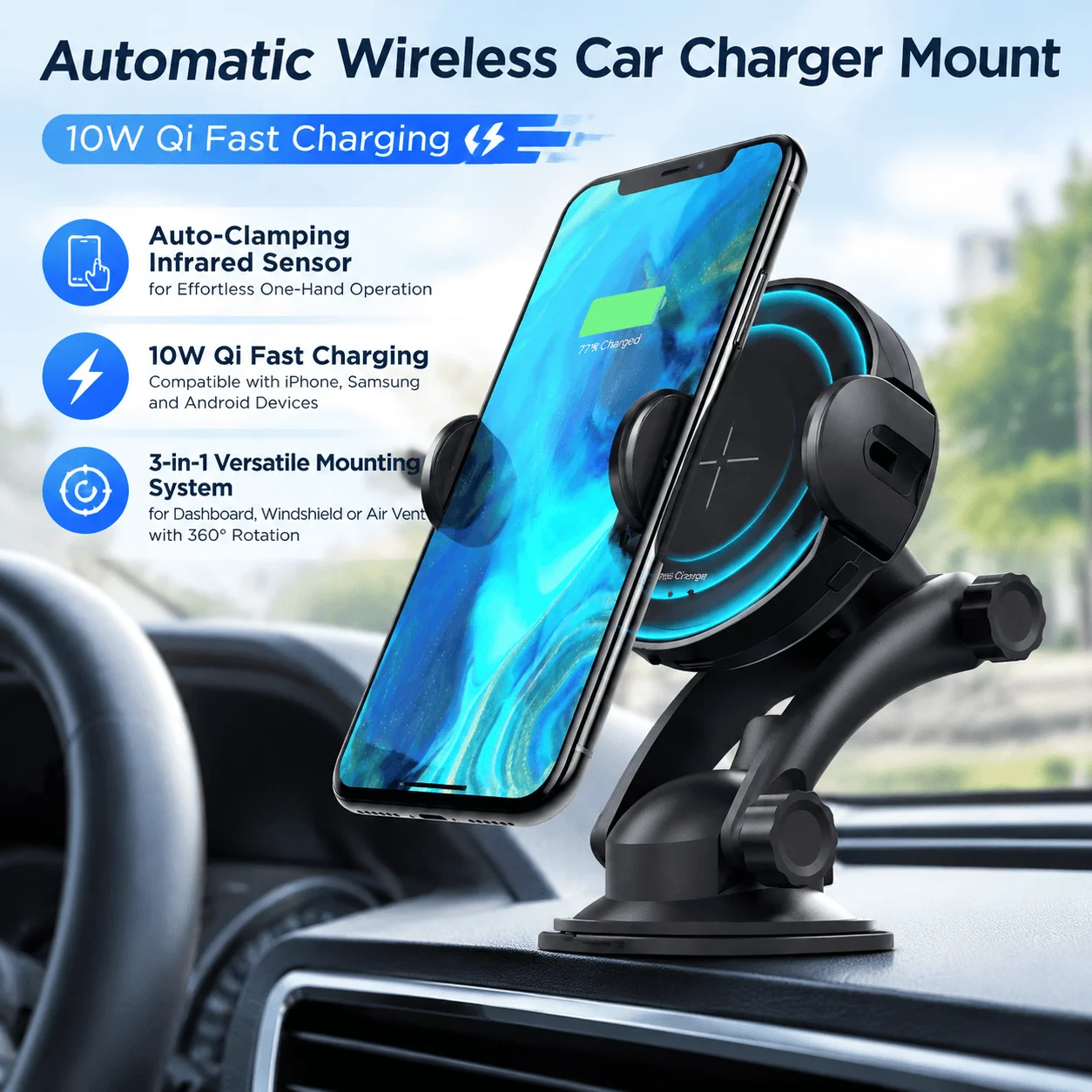 ワイヤレスカーチャージャー-自動車用携帯電話ホルダー-10w-qi急速充電-赤外線センサー-カーマウント-ダッシュボード-エアコン吹き出し口-ハンズフリー-360度回転