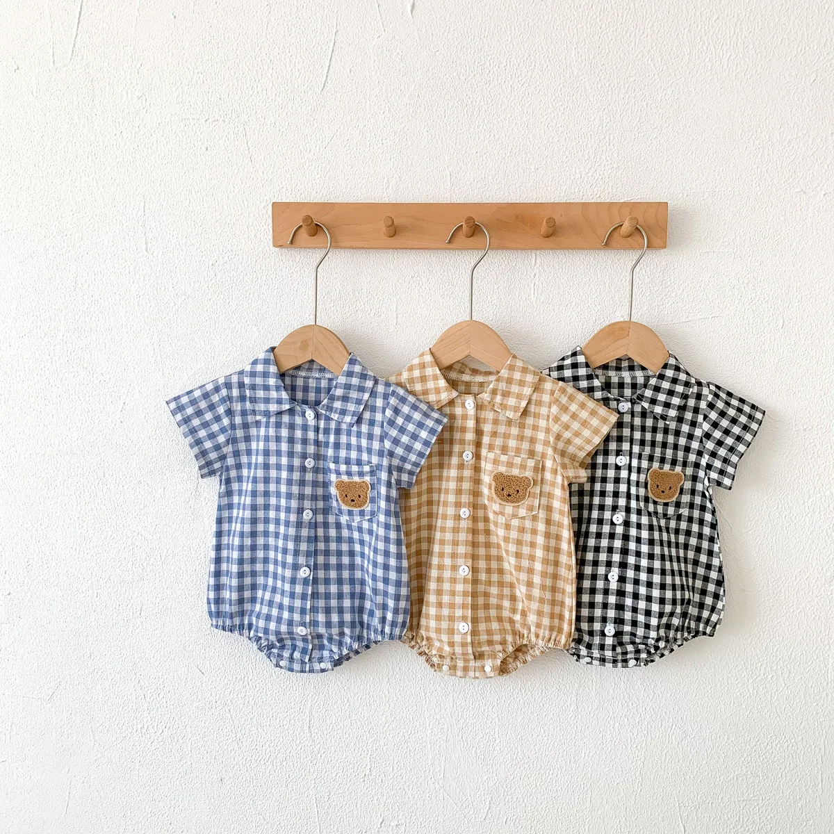 Summer Boys and Gentlemen Shirt Collar onesie Baby plaid bear thin fart coat