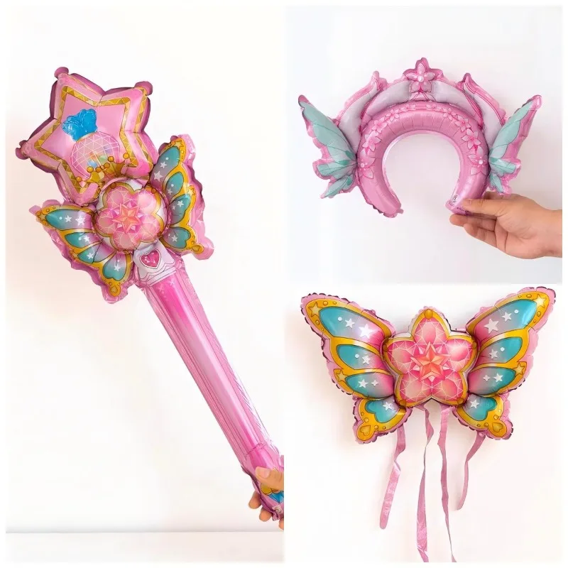 Diadema con alas de mariposa de hadas, juegos de globos de mano, decoración de fiesta de princesa para niñas, accesorios para fotos de fiesta de cumpleaños, juguetes para niñas
