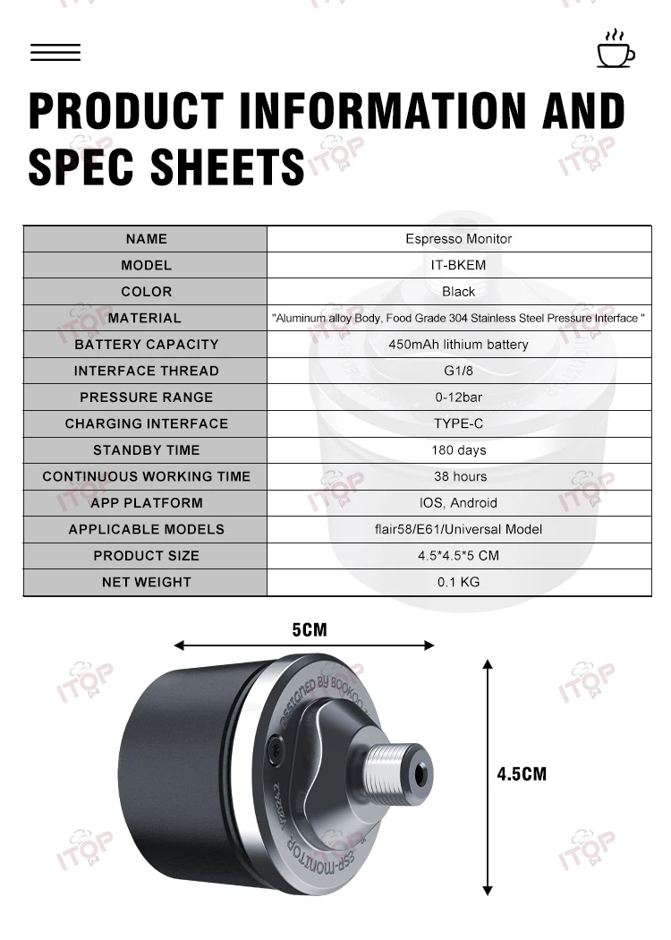 ITOP BKEM Espresso Monitor Bluetooth Pressure Transducer Bookoo Bluetooth Data Display G1/8 Interface for flair58/E61