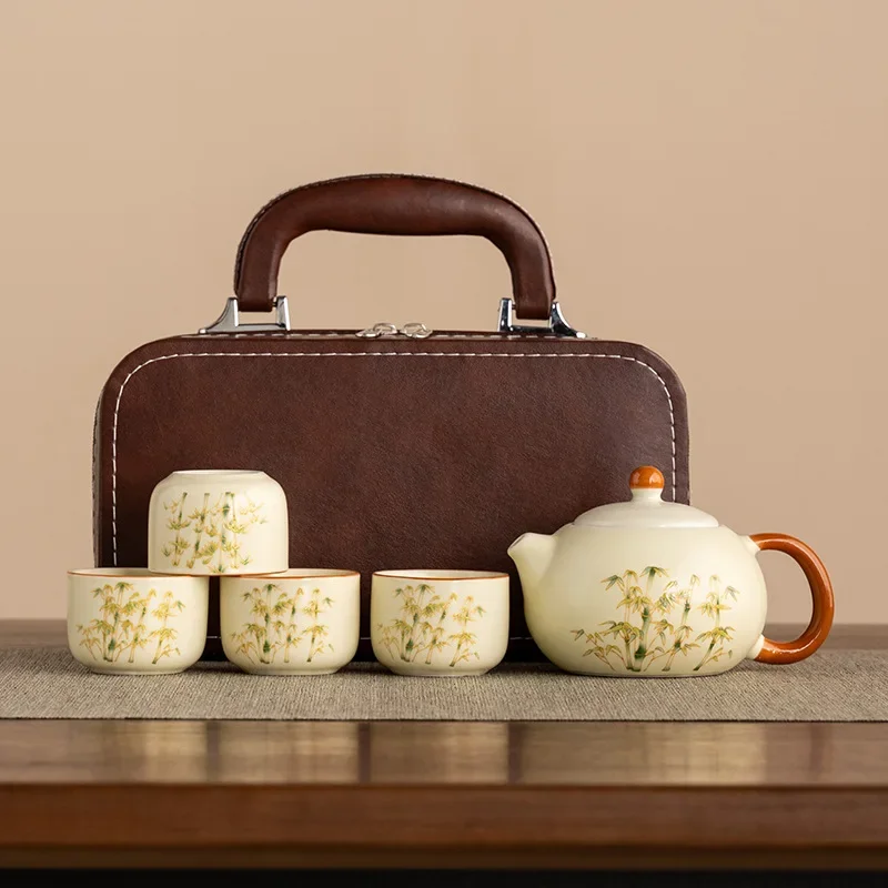 Chinese Hand-painted Bamboo Travel Tea Set Corporate Kung Fu Teapot Gift Office Teacup Teapottea Pot and Cup Set Ceramic Gaiwan