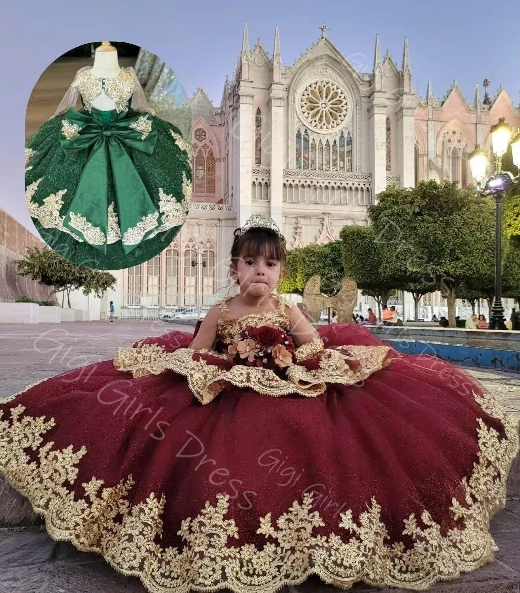 Платье с цветочным узором для девочек с длинными рукавами и бантом, многоуровневое золотое кружевное фатиновое пышное платье принцессы, детское бальное платье для дня рождения по индивидуальному заказу