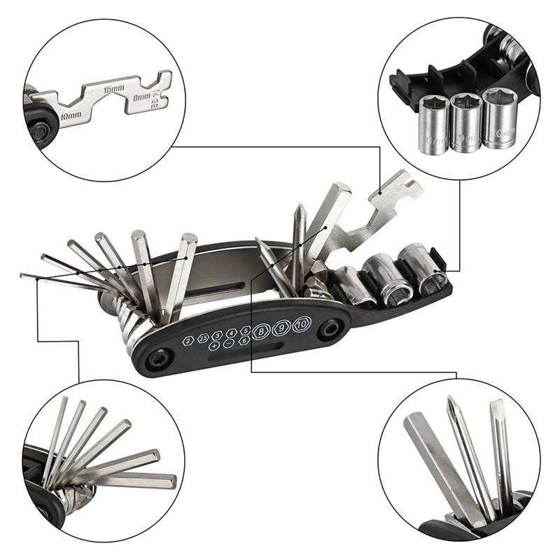 16 In 1 Multi-function Bike Cycling Mechanic Repair Tool Kit With 3 Pcs Tire Pry Bars Rods