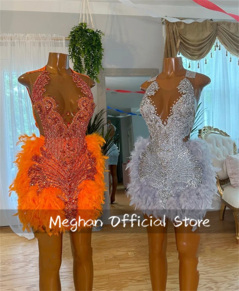 Orange O Neck Short Prom Dress For Black Girl Bead Crystal 2024 Birthday Luxury Dress Feathers Mini Cocktail Backless Customized