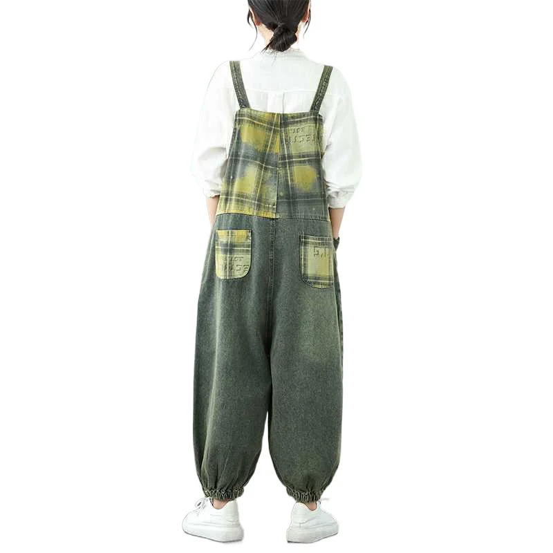 Tuta di jeans con giunture a griglia per la primavera autunno 2025 Nuova tuta retrò a gamba larga da donna Pantaloni Harem larghi versatili alla moda