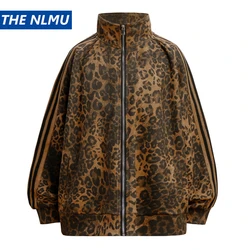 Vintage Leopard Jackets Zipper Coat Streetwear 2024 Harajuku Hip Hop Stand Up Collar Suede Jacket Outwear for Women and Men