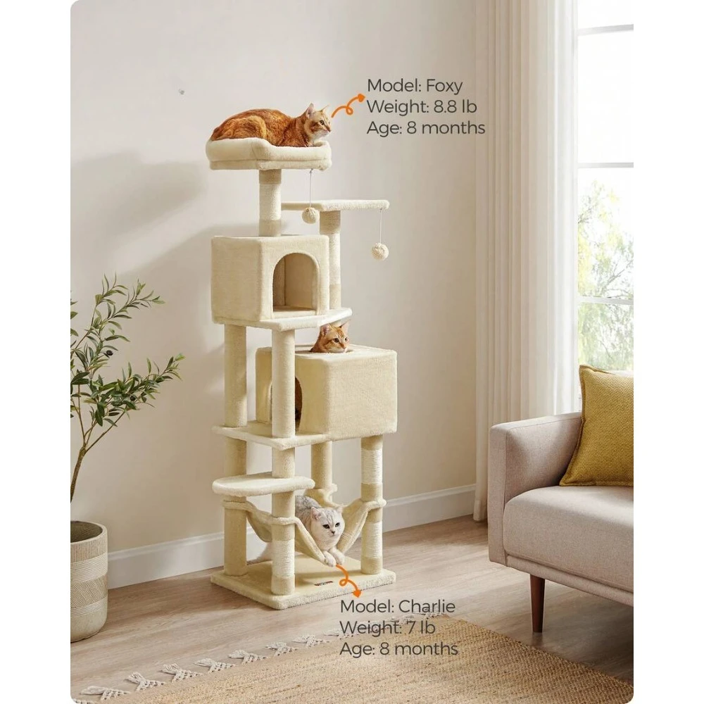 

61-Inch Cat Tower For Indoor Cats, Plush Multi-Level Cat Condo With 5 Scratching Posts, 2 Perches, 2 Caves, Hammock, Cat Tree