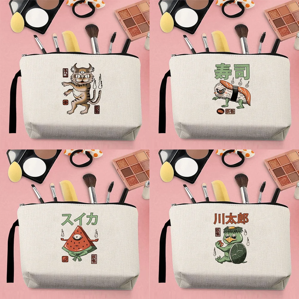 Makeup Storage Bag Handbag Woman Change Canvas ese Cute Monster Pattern Series Printed Carry Rope Beige Pencil Case