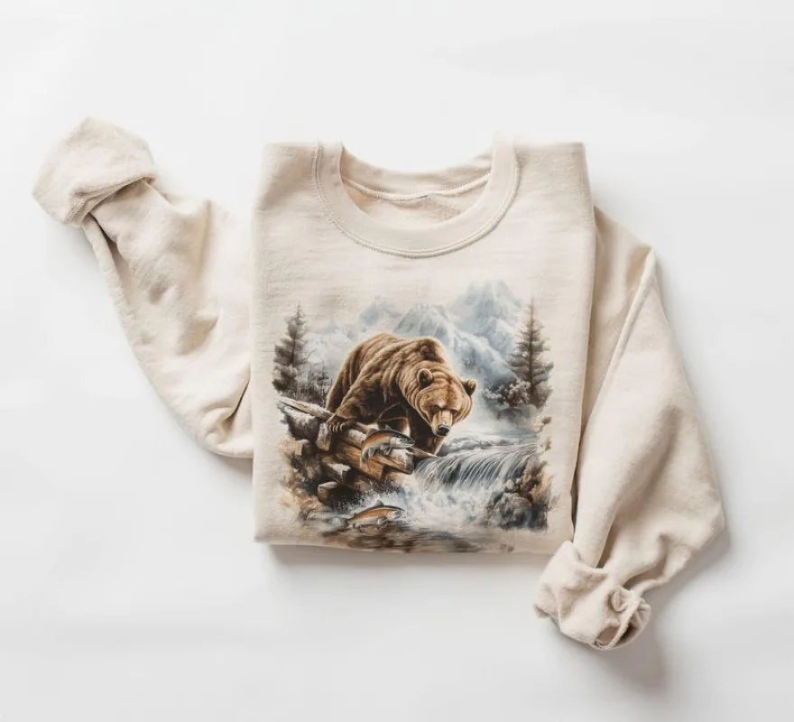 Retro Grizzly Bear Fishing Creek Sweatshirt Vintage Brown Bear Alaska Trout Fish Outfit Boho Vintage Graphic Sweatshirt Hoodie