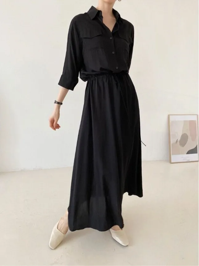 Casual Long Dress Drawstring Waist Pocket Skirt Korean Style Spring Autumn Winter Women's Fashion Streetwear Traveling Outing