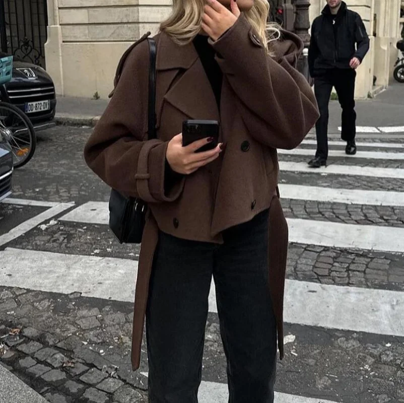 

Короткие однотонные пальто для женщин с завязками, двубортные, с длинными рукавами, модные куртки для весны и осени, уличная мода для женщин.