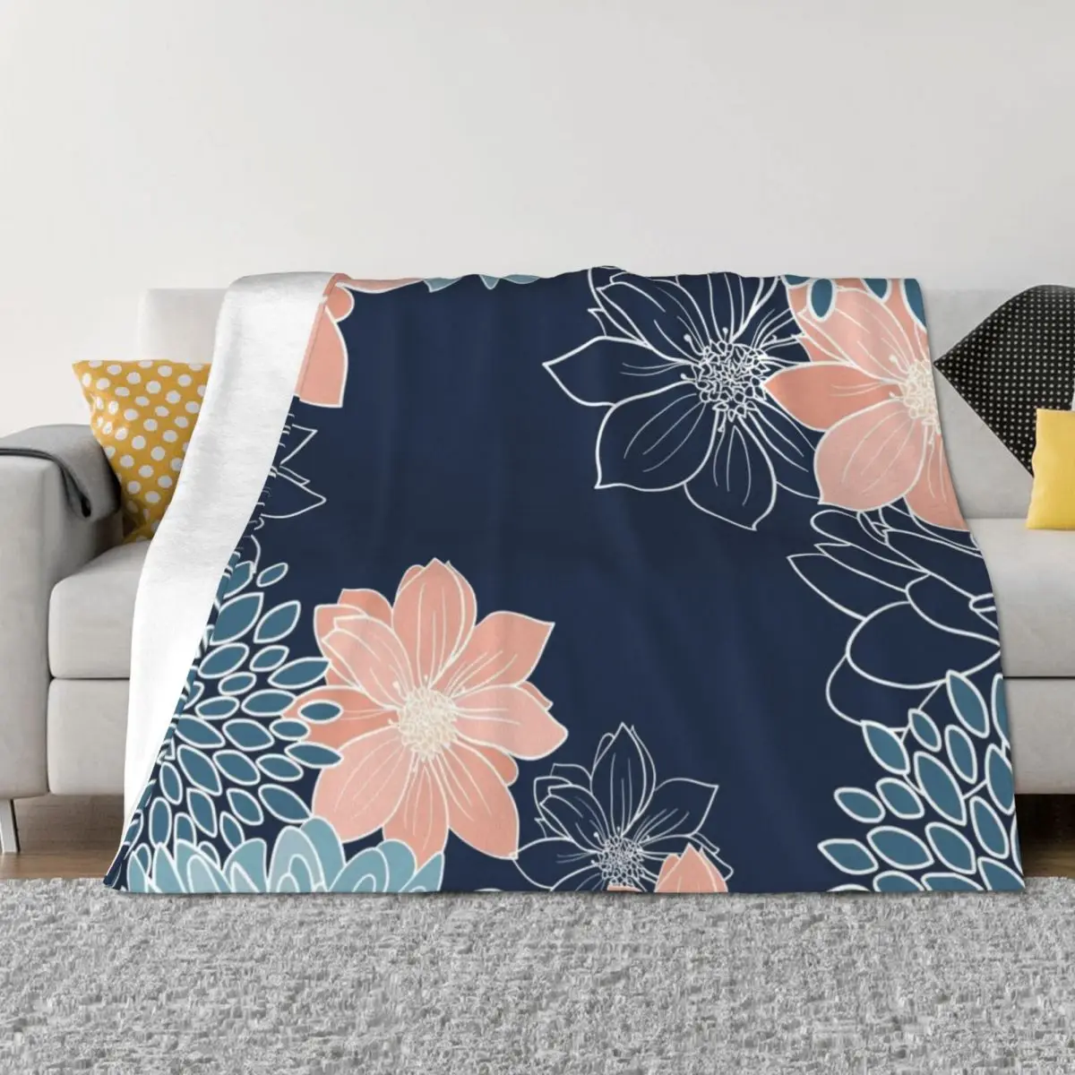 

Floral Prints and Line Art, Navy Blue, Coral and Teal Throw Blanket Thins Flannel christmas decoration Blankets