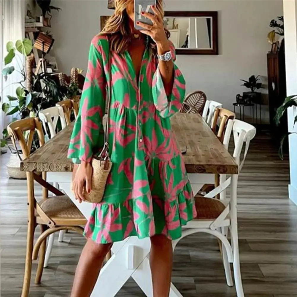 Elegante boho impressão midi vestido com decote em v manga alargamento vestido feminino casual solto a linha vestido senhoras férias camisa vestidos