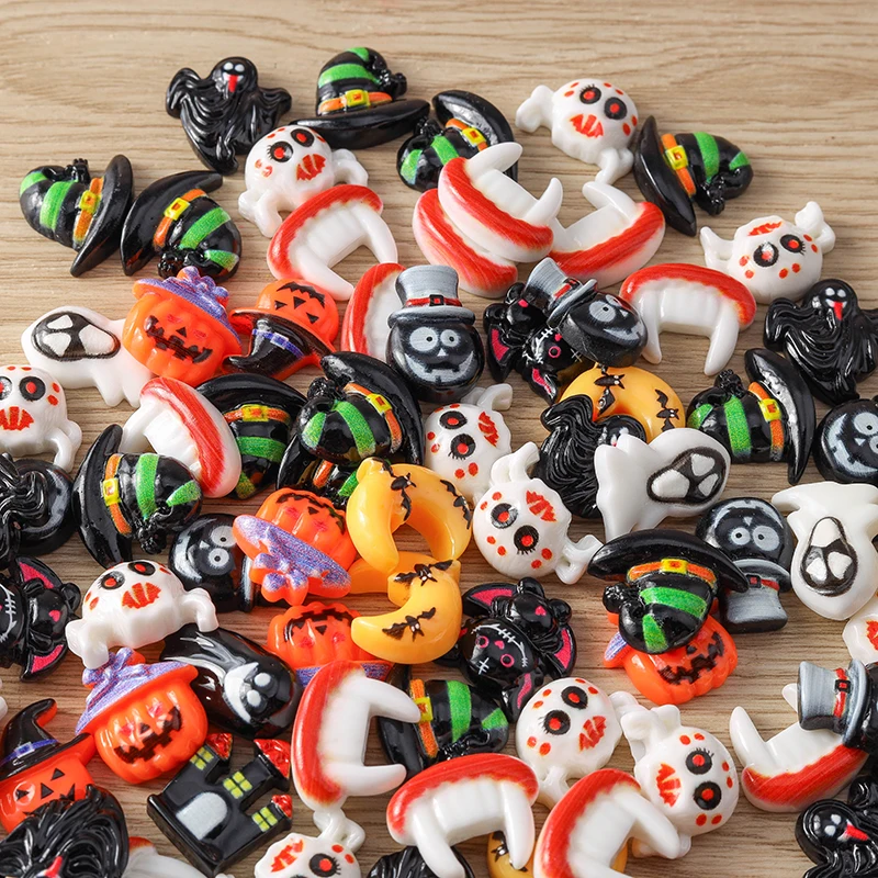 Tusember 10 Stück Halloween-Anhänger aus Harz, flache Rückseite, Kawaii-Motiv: Mond, Spinne, Fledermaus, Kürbis, Geist für DIY-Nagelkunst, Haarspangen, Broschen-Dekoration – Detail 1
