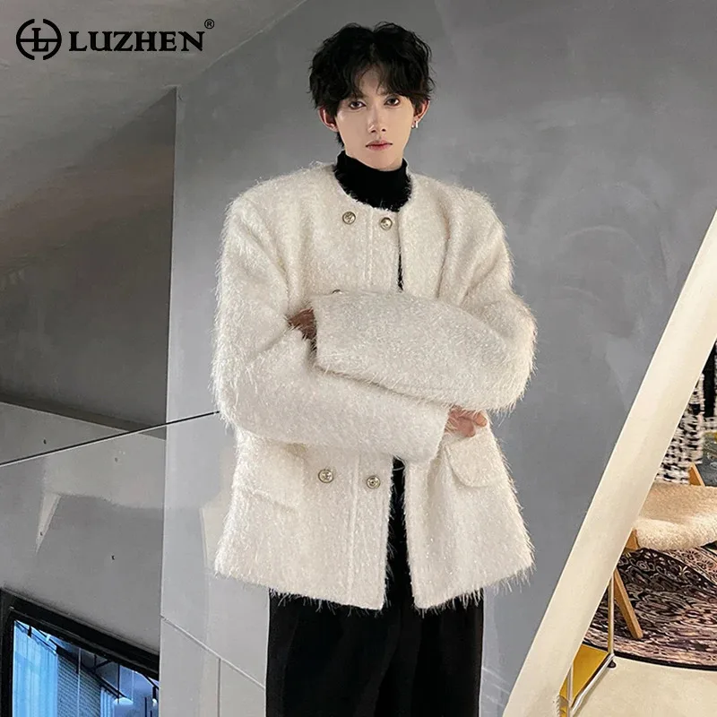 

LUZHEN модная корейская двубортная однотонная повседневная куртка из искусственного меха, мужская куртка 2025 года, новая высококачественная одежда с подплечниками JY4907