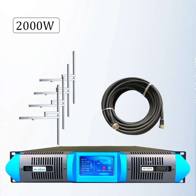 Touch Screen 2000W FM Transmitter + 4-bay Antenna + 30m 1/2 Cables Full Set