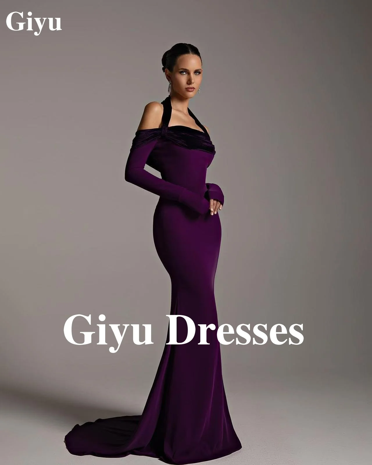 

Giyu Sexy Mermaid Purple Silk Evening Dresses Neckline 4/3 Sleeve Off The Shoulder Sweep Train Formal Prom Dresses Party Dresses