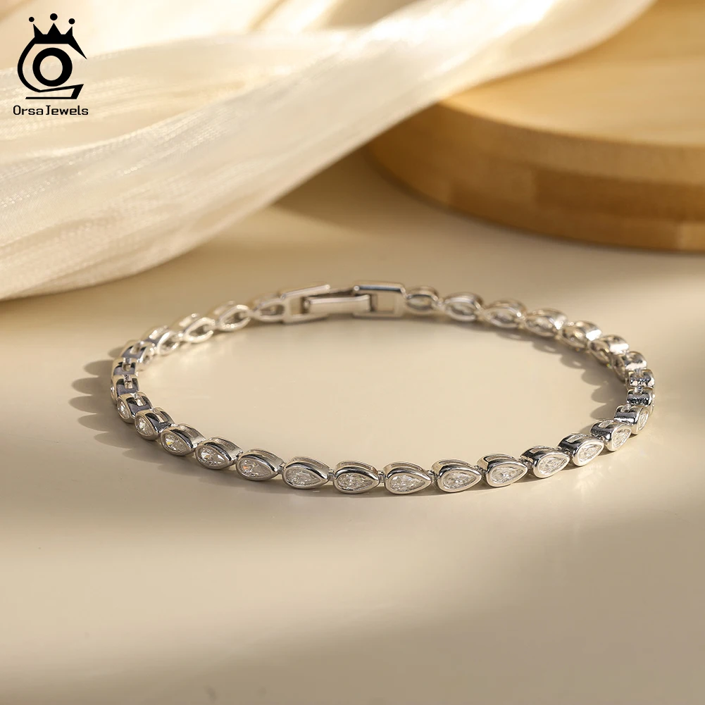 

ORSA JEWELS Elegant 925 Sterling Silver Teardrop D Color VVS Moissanite Tennis Bracelet for Women Hand Chain Party Jewelry MOB07