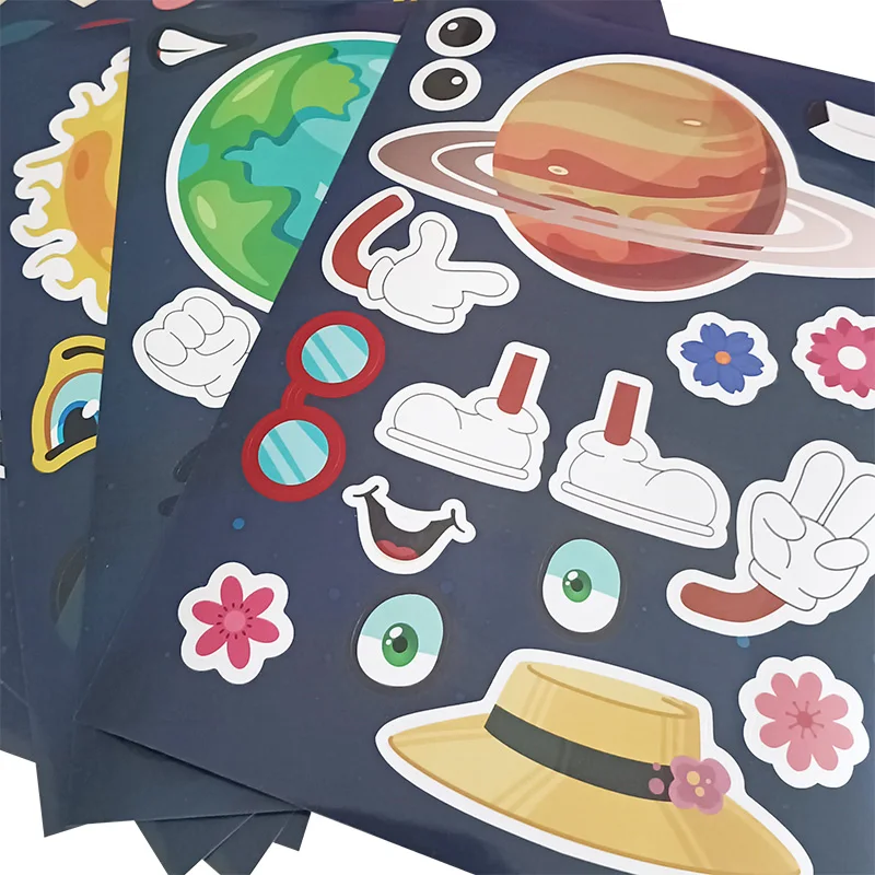 Juego de pegatinas DIY de planeta espacial para niños, rompecabezas de dibujos animados, manualidades, decoración de pegatinas faciales, 6 hojas