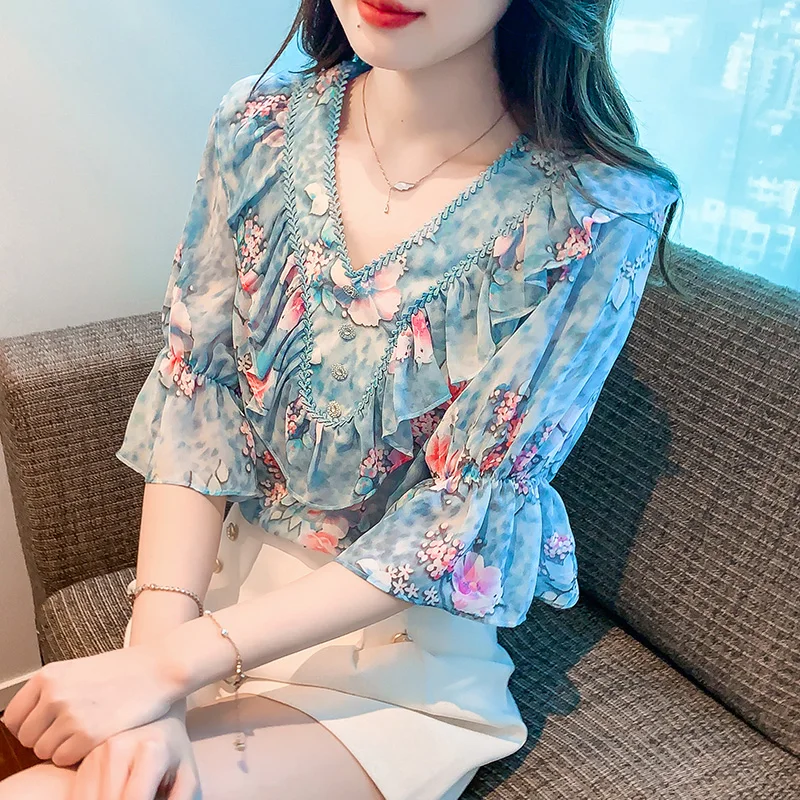 Women\'s Summer V-Neck Ruffles Button Lace Pullover Flower Print Pleated Fashion Petal Half Sleeve T-shirt Office Lady Tops