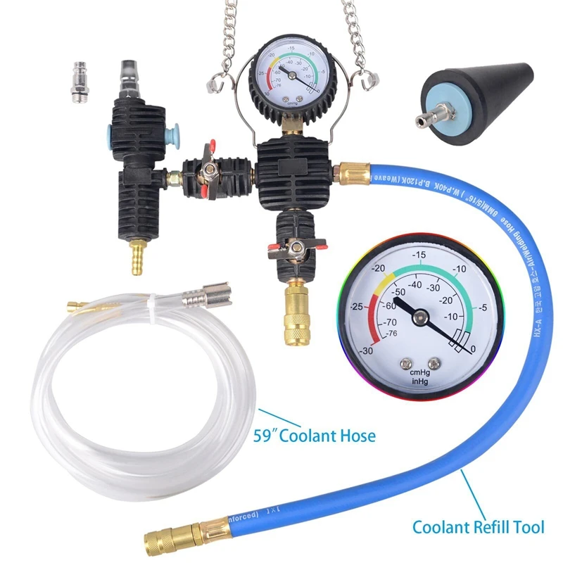 Kit de probador de presión de sistema de refrigeración Universal OEM promocional, herramienta de detección de fugas y recarga de refrigerante, 28 Uds.