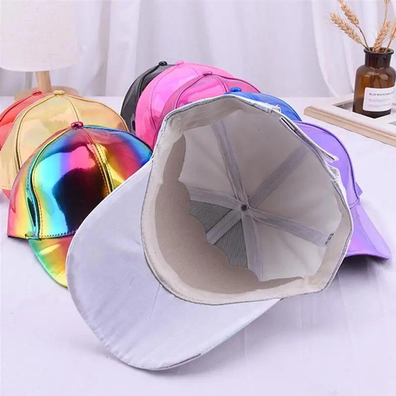 Women Men Faux Leather Baseball Cap Glitter Metallic Holographic Rainbow Reflective Hip Hop Adjustable Strapback Peaked Hat