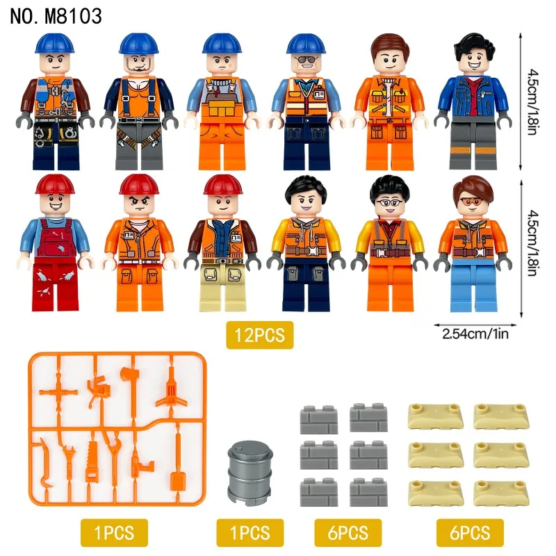 Novos Blocos de Construção MOC 2026, 12 Estilos de Figuras de Trabalhadores da Construção com Acessórios, Brinquedo de DIY para Crianças