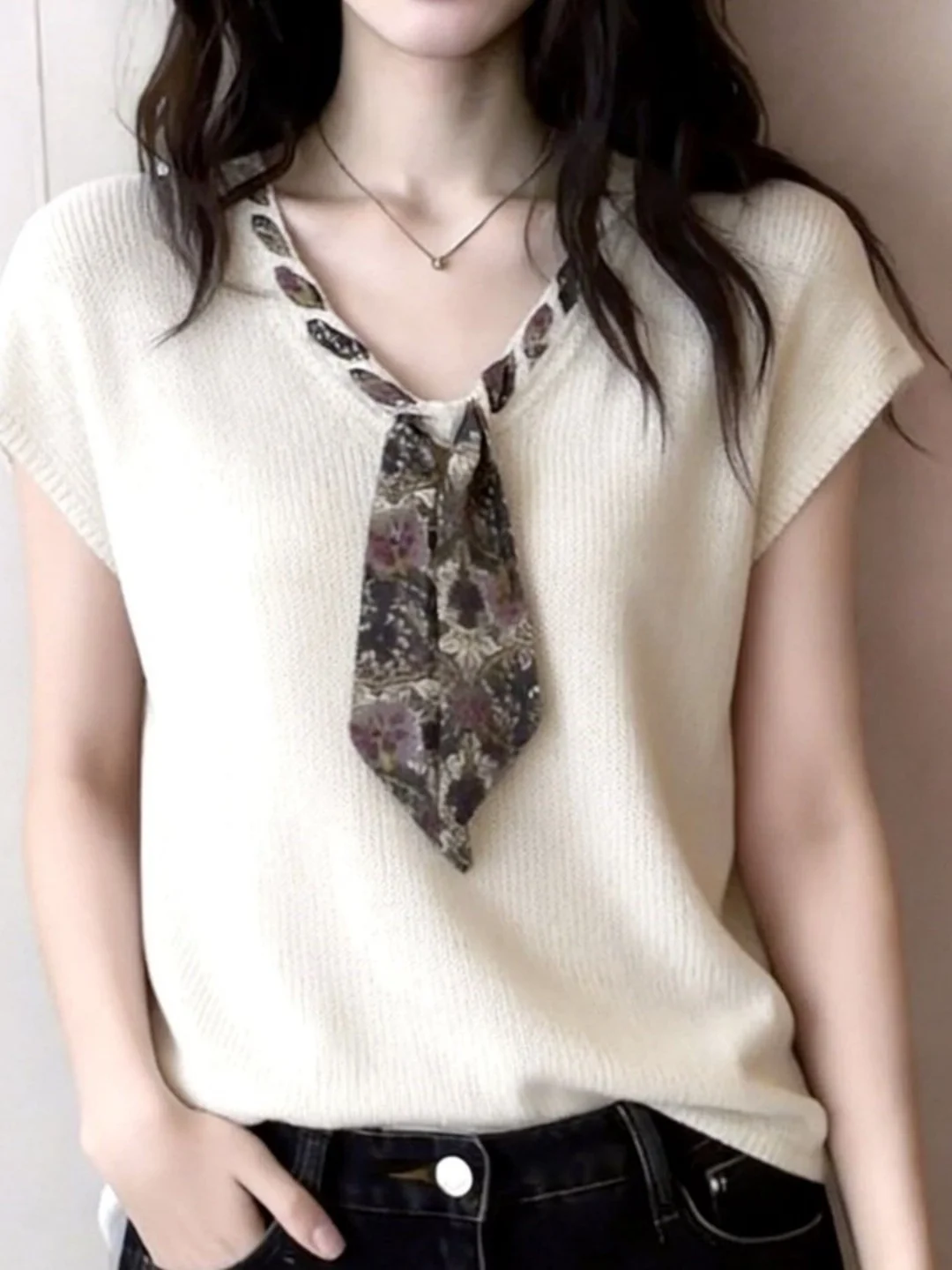 Korean Style Hollow out Short Sleeve T-Shirt Women's Summer New Design Beautiful Silk Scarf Splicing Thin Top Breathable Skin...