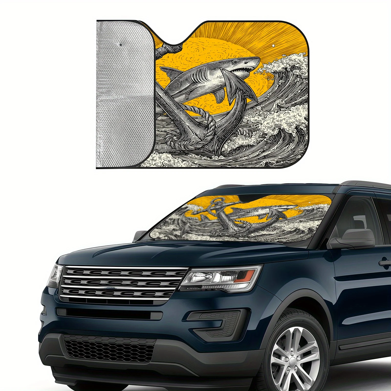Wave Anchor Shark Car Sunshade, Featuring Bold Marine Elements, Easy To Install And Long-lasting. Includes 4 Suction Cups To Mai
