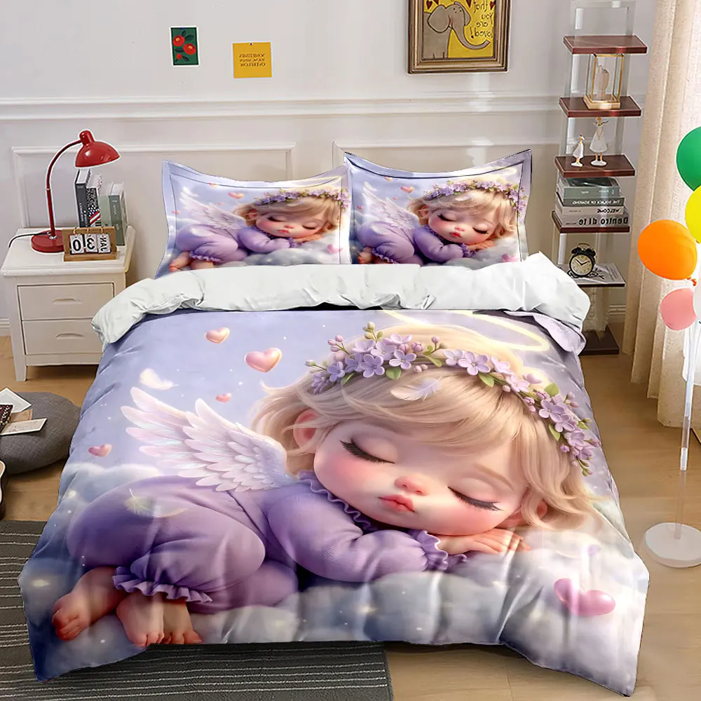 Multiple sizes Little angel on clouds Print Bedding Set 1Duvet Cover 2 Pillowcases for Adult and Children Luxury Gift Full Size