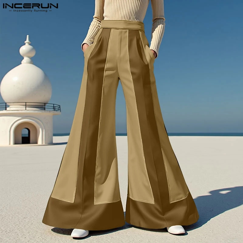

INCERUN Men Wide Leg Pants Elastic Waist Loose Casual Trousers Men Streetwear 2025 Patchwork Color-block Fashion Male Long Pants