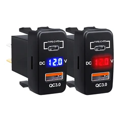 12V Dual USB Car Charger Socket Adapter Type C-PD QC3.0 Fast Charger Blue Red Voltmeter for Toyota Blank Push Switch