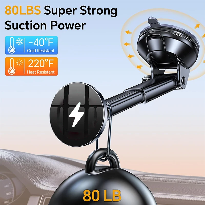 UYUXIO Magnetic Wireless Car Charger Windshield Dash 15W Fast Charging Adapter for iPhone 17 16 15 14 13 Car Mount Phone Holder