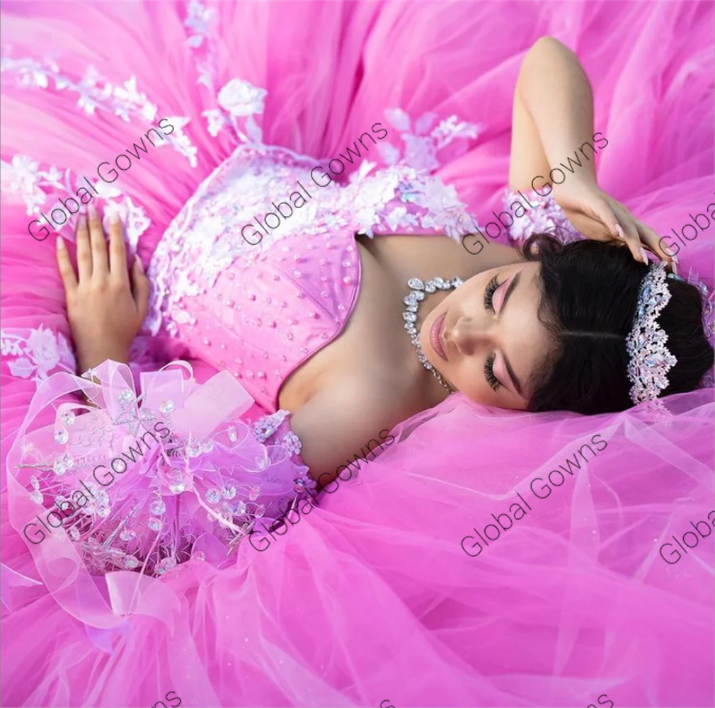 Prinzessin Rosa Weg Von Der Schulter Ballkleider Quinceanera Kleid Perlen Geburtstag Party Kleid Appliques Prom Kleider Vestido De 15 Anos