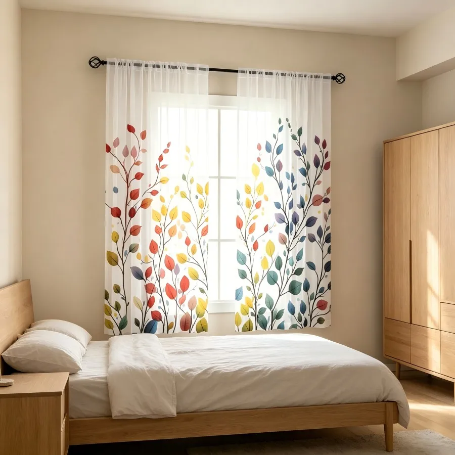 2PCS Digital Print Sheer Curtain, Iridescent Branch Leaves Fantasy Magical Window Drapes for Living Room Bedroom Home Decor