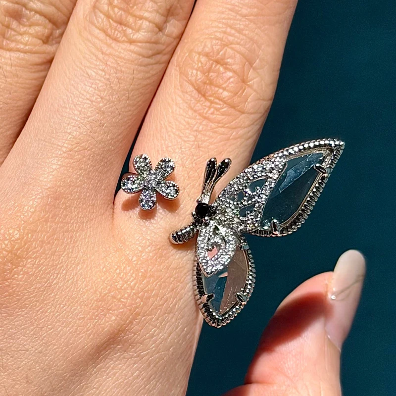 

Vintage Silver Color Butterfly Rings Natural Stone Flower Elegant Womens Rhinestone Jewelry Trends 2026 Accessories Thanksgiving