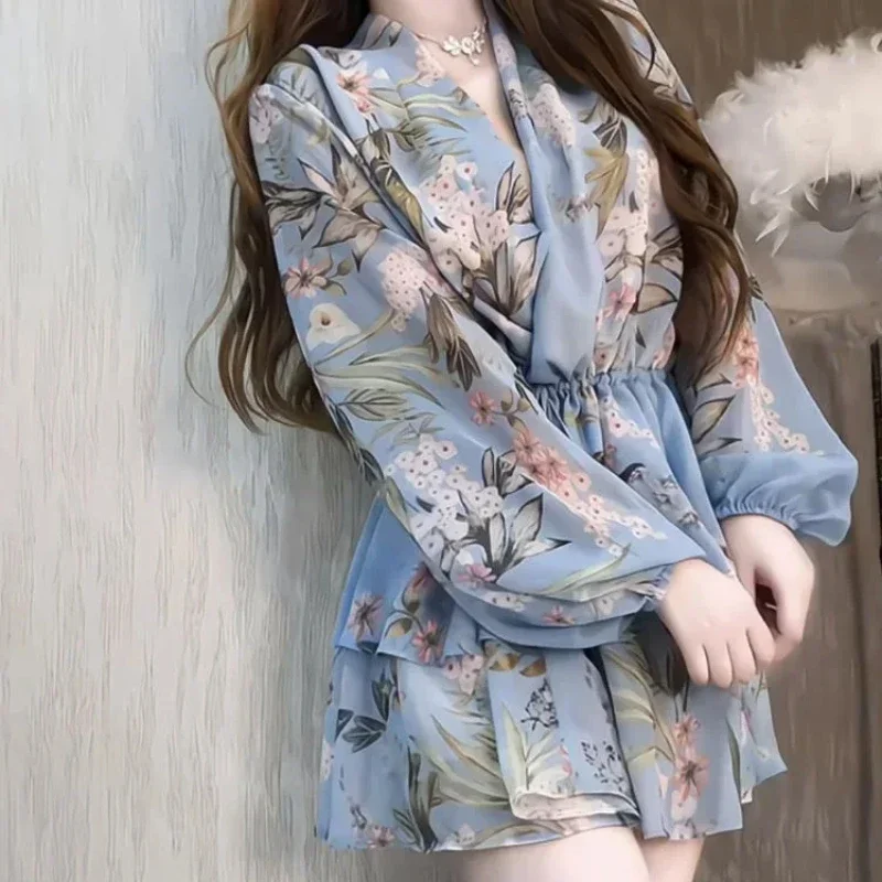 Floral Chiffon Short Mini Woman Long Sleeve Dress 2025 Fashion New Features of Thic One Pieces Designer Loose Dresses for Women