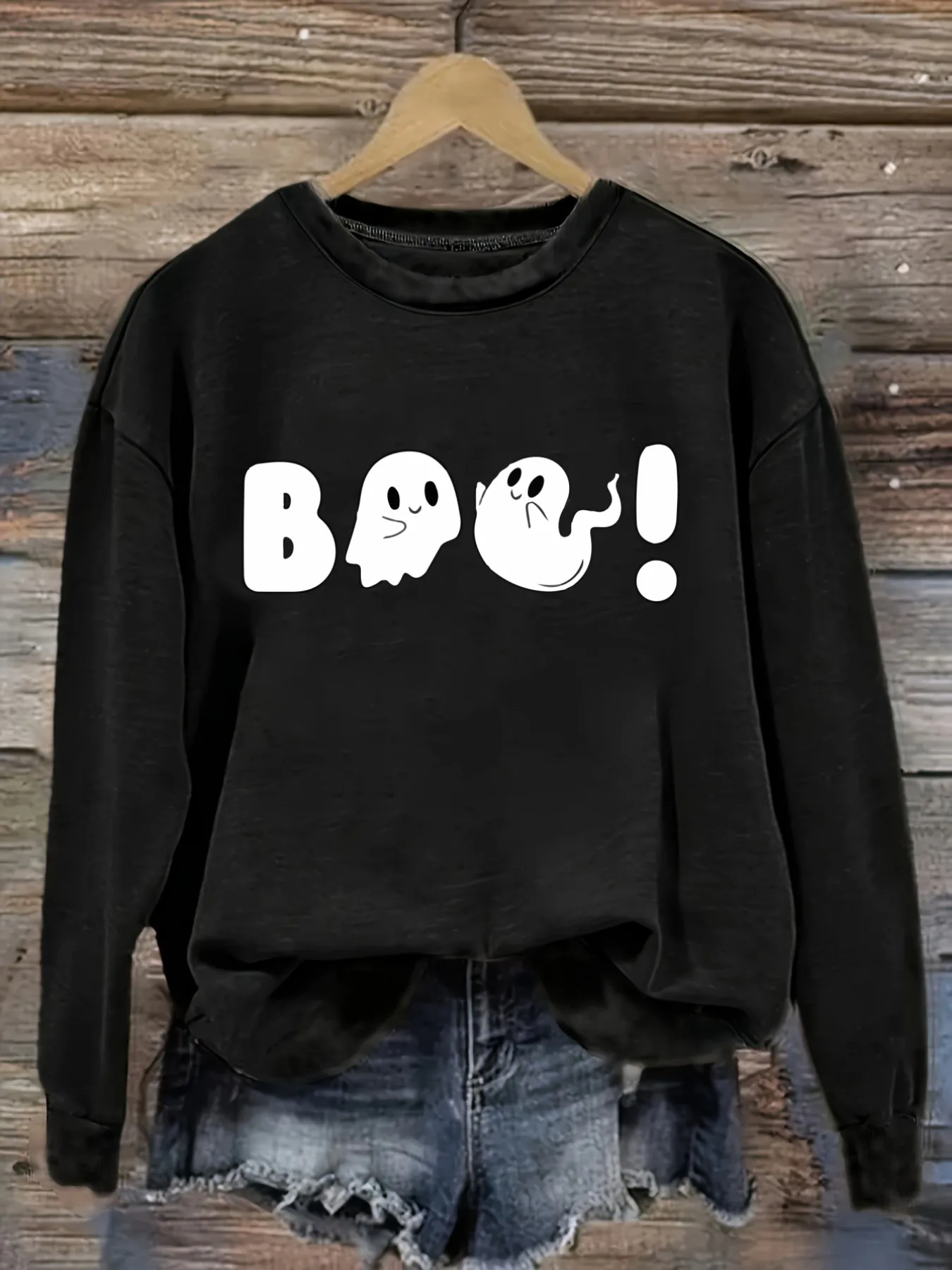 Women's Casual Long Sleeve Crew Neck T-Shirt Boo Ghosts Halloween Fun Print Design, Round Neck Women's Clothing, Machine Washable, Slightly Elastic, Loose Fit, Spring Autumn Winter Women's T-Shirt, Halloween Costume Outfit