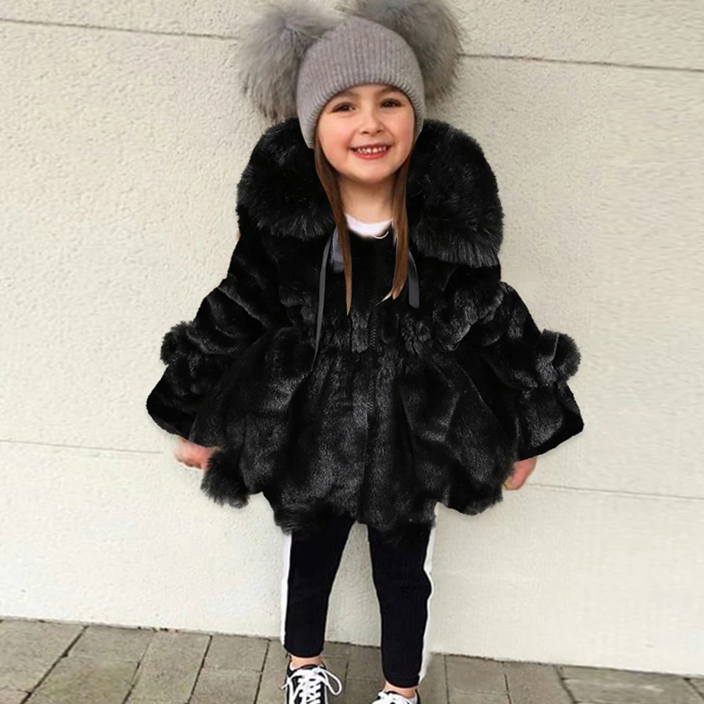 Girls Fake Fur Coat Hair Balls Thick Warm Plush Coat Fashion Girls Winter Jacket Lapel Collar Children's Quilted Coat Outerwear