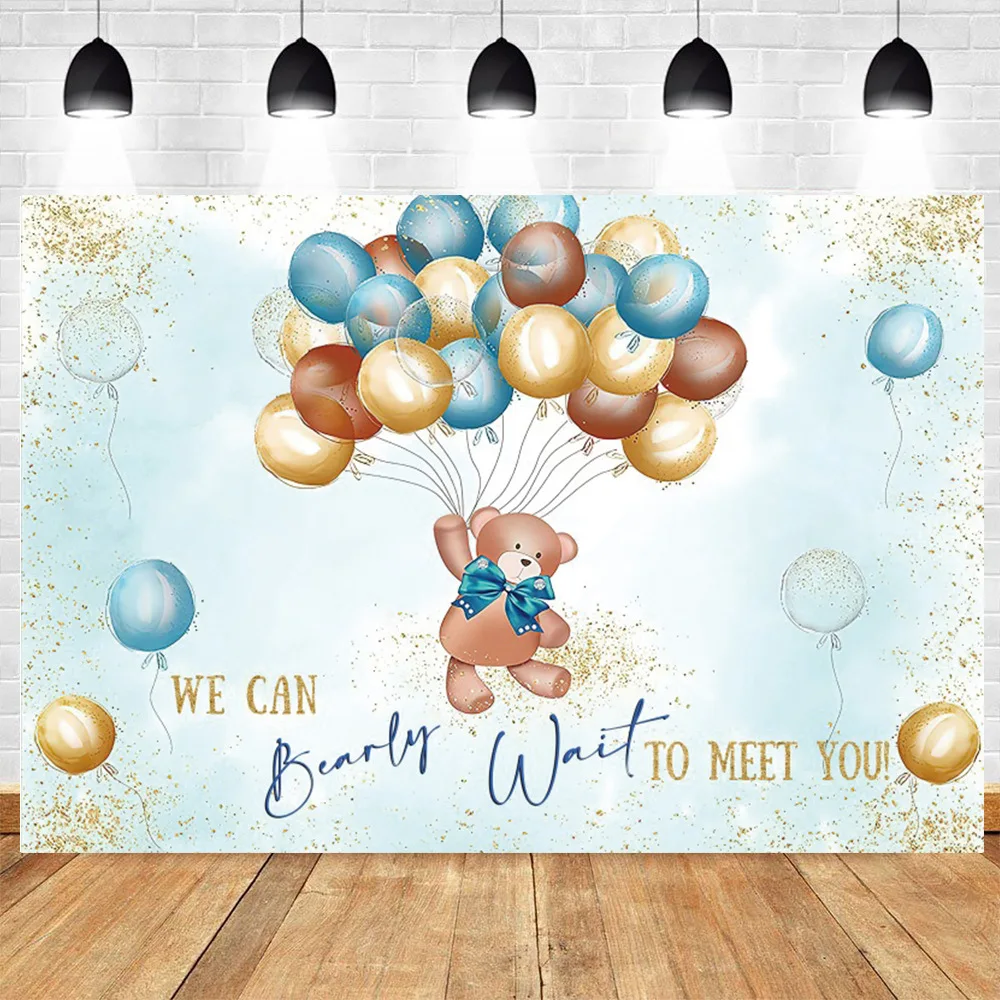 

We Can Bearly Wait Backdrop for Baby Shower Party Decorations Supplies Little Bear Theme with Balloons Photo Studio Background