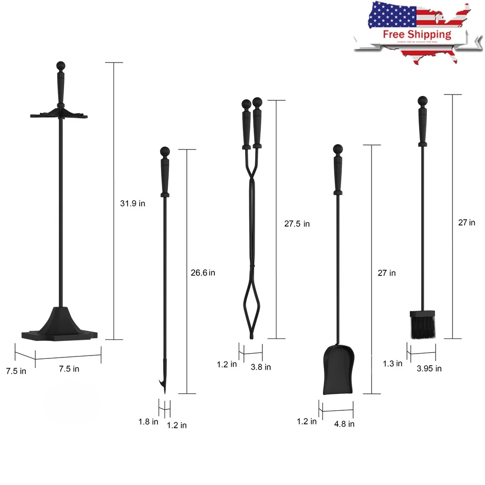 

5 Piece Heavy Duty Iron Fireplace Tool Set with Ergonomic Handles Poker Shovel Tongs Broom Stand Indoor Outdoor Use