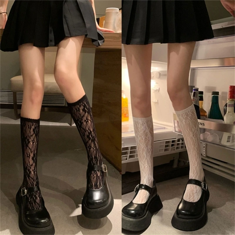 

Women Girls Summer Thin Mesh Calf Socks Japanese Preppy Anime Sweet Floral Lace Jacquard Sheer Fishnet High Tube