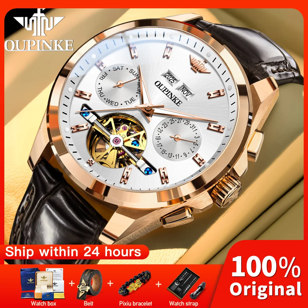 

OUPINKE 3291, мужские часы, роскошные механические часы, светящийся сапфировый зеркальный кожаный ремешок, многофункциональные часы с хронографом и коробкой